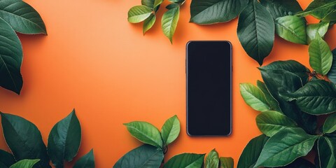Smartphone surrounded by vibrant green leaves on an orange background
