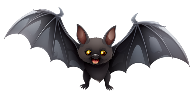 Adorable cartoon bat with open wings and glowing eyes perfect for Halloween designs and spooky projects with a fun, playful vibe