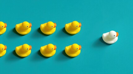 Yellow rubber ducks in a row, one white duck heads in another direction