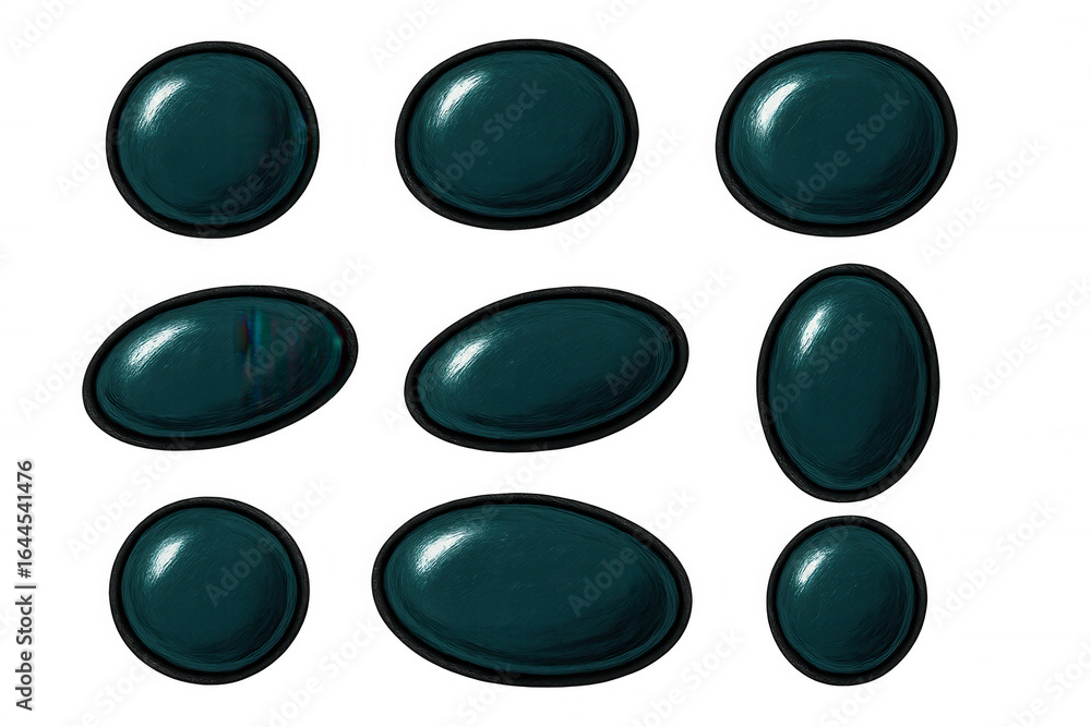 Poster glossy teal buttons varying in shape, transparent backdrop highlighting digital design potential for