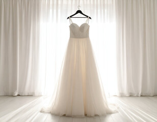 Elegant tulle wedding gown hanging gracefully before sheer white curtains, awaiting its moment to shine, a beautiful symbol of new beginnings and matrimonial joy.
