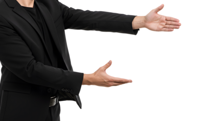 Businessman in suit gesturing with open hands isolated on white background