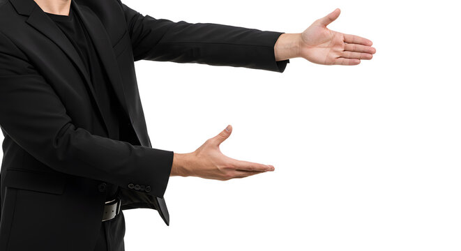 Businessman in suit gesturing with open hands isolated on white background