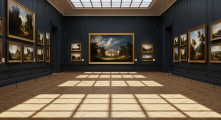 Fototapeta premium Empty art gallery with numerous framed paintings on dark walls and sunlit floor
