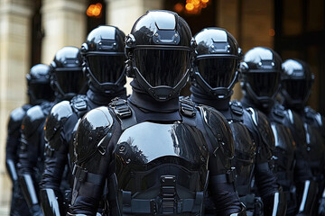 A group of futuristic figures in sleek, black armor stands in formation, exuding a sense of power and mystery in a dimly lit environment.