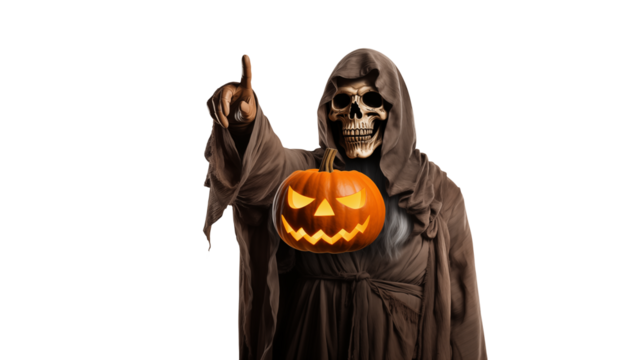 Spooky Grim Reaper holding glowing carved pumpkin, pointing a bony finger, ready for Halloween celebrations and festive events