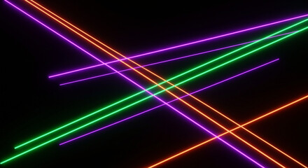 Abstract Neon Lines: Vibrant Purple, Green, Orange Glowing Stripes on Black Background