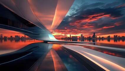 Futuristic cityscape at sunset, reflected in a calm body of water, with smooth, abstract architectural structures