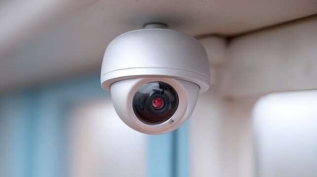 A modern sleek security camera with a domed housing is mounted on a light colored ceiling