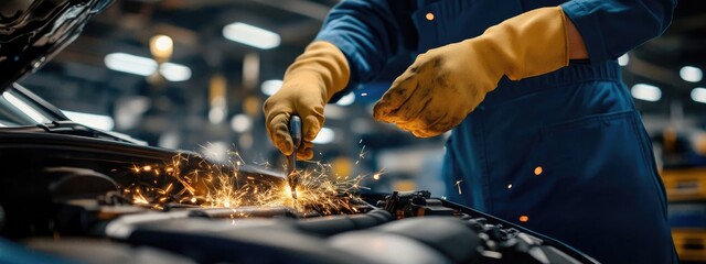 Mechanic welding car engine