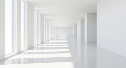 Long bright empty white corridor with large windows and shining light reflections