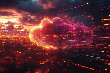 A vibrant digital cloud floats above a cityscape, illuminated by colorful lights, blending technology and nature in a futuristic scene.