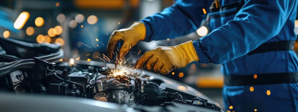 Close-up of a mechanic welding on a car engine.  Sparks fly as the worker repairs the vehicle - Powered by Adobe