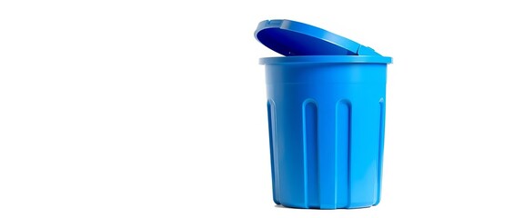 A bright blue plastic trash receptacle against a stark white background,  studio shot,  garbage can