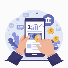 Businessman managing digital finances and online investments through a mobile banking application on a smartphone screen.