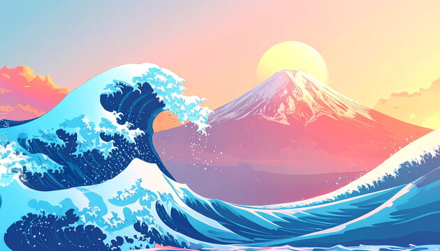 大波が飛沫をあげて、富士山から日の出が昇る3DCGイラスト素材  和風背景