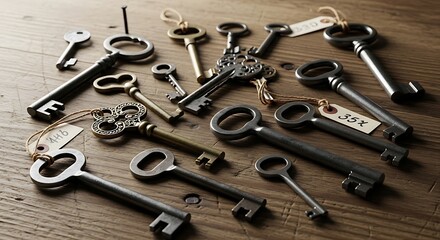Old Keys Collection on Wooden Surface