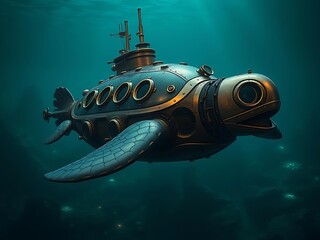 Obraz premium A steampunk submarine in the shape of a sea creature glides through deep, blue ocean water.