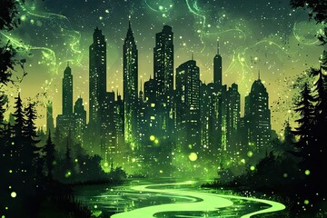 City glowing emerald green, night, forest
