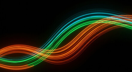 Abstract Neon Light Trails on Black Background: Wavy Lines in Orange, Green, and Teal for Modern Design