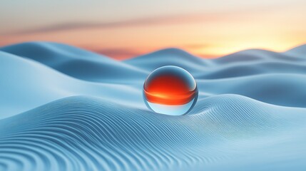 Glass sphere rests on blue sand dunes with a sunset sky background.