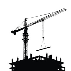Silhouette of a construction crane lifting a steel beam against a bright white background during building construction, representing industry, development, and progress.