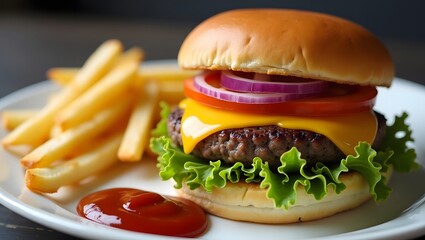 Classic Homemade Cheeseburger with Fries, Juicy Beef Burger with Fresh Toppings, A Simple and Delicious Lunch, Perfectly Toasted Brioche Bun Burger