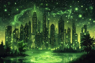 Green glowing city at night
