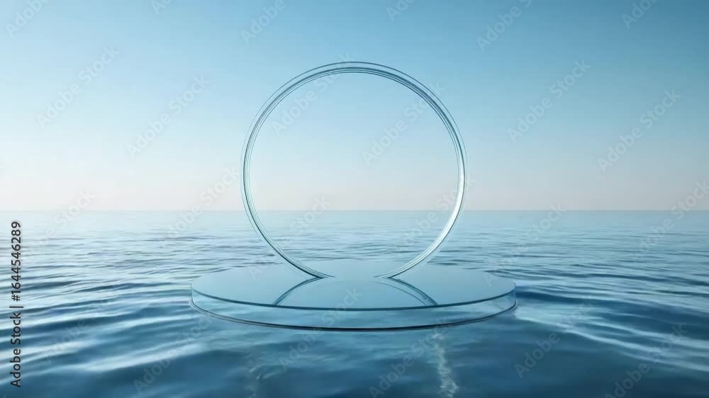 Poster serene minimalist composition of transparent circular object on calm water surface under clear blue 