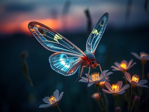 A fantastical butterfly with glowing wings hovers near luminous flowers against a dusk sky.
