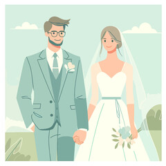 Minimalist Blue and White Wedding Vector – Newlyweds Standing Together
