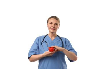 Healthcare worker shows heart symbol, isolated on white, PNG