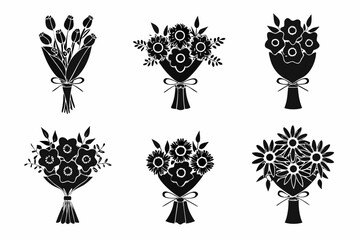 Elegant Bouquet Collection in Monochrome Style, Perfect for Wedding Invitations and Romantic Designs, Floral Elements with Detailed Petals and Graceful Ties, Vector Origin