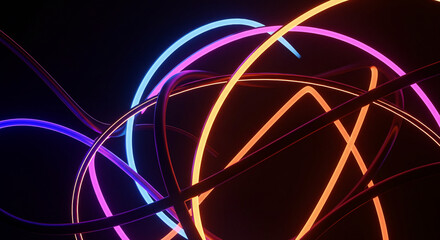 'Vibrant neon curves intertwining in a dark space, creating a futuristic and dynamic abstract composition with glowing lines an...