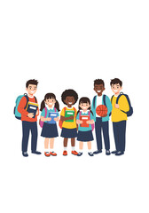 Obraz premium A Diverse Group of Happy Students Carrying Books and Sports Equipment Ready for School Learning Adventures
