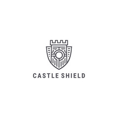 Castle shield logo with a strong and line style for powerful and secure branding.