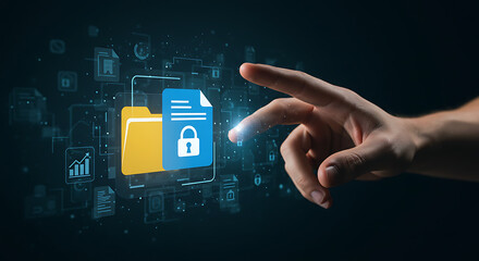 Digital security concept with a hand interacting with a locked file folder icon on a futuristic interface