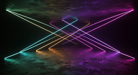 ''Vibrant neon lights create an abstract geometric pattern against a gritty concrete backdrop, casting colorful reflections and...