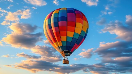 Naklejka premium Colorful hot air balloon soars through a blue sky with fluffy white clouds.