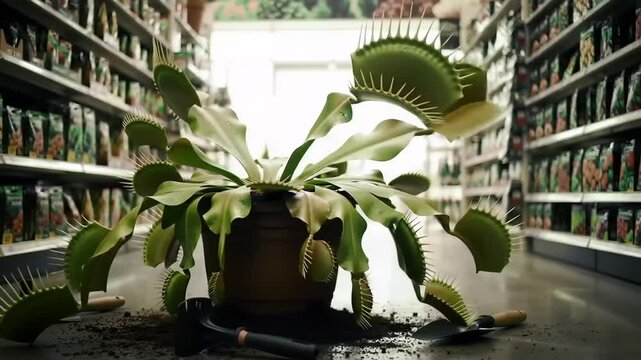 Venus flytrap in a garden center aisle