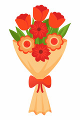 Obraz premium Vibrant bouquet of red tulips and flowers tied with a bow, perfect for celebrating love, birthdays, or expressing gratitude, bringing joy and warmth to any occasion, originally a vector graphic