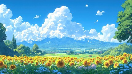 Obraz premium Sunflower field under a blue sky with fluffy clouds and distant mountains.