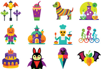 Naklejka premium Colorful Halloween Vector Icons Set with Spooky and Fun Characters