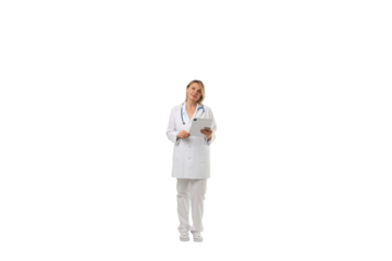 Doctor stands confidently holding a tablet, isolated on white, PNG