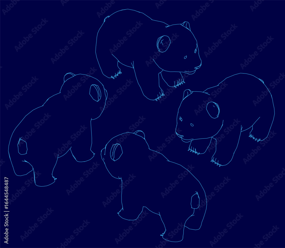 Poster four panda bears in line art style stand out against a blue background. each bear has a unique shape