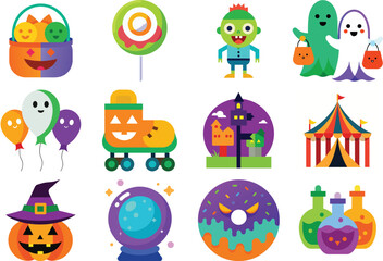 Fototapeta premium Cute Halloween Cartoon Icons with Ghosts Monsters Pumpkins and Candy