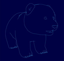 A blue line drawing of a panda stands out against a dark blue background, featuring clean contours and minimalist style. The panda-like design has smooth, flowing lines with a modern artistic touch.