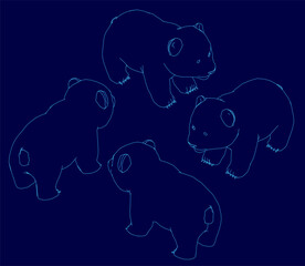 Four panda bears in line art style stand out against a blue background. Each bear has a unique shape and size, creating a playful composition. The white contour of the pandas contrasts sharply.