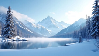 Fototapeta premium Serene Winter Mountain Landscape with a Frozen Lake and Snow-Covered Trees