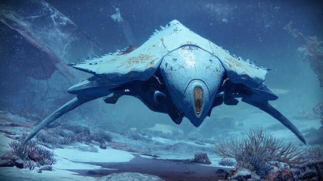 Futuristic alien spaceship in icy landscape